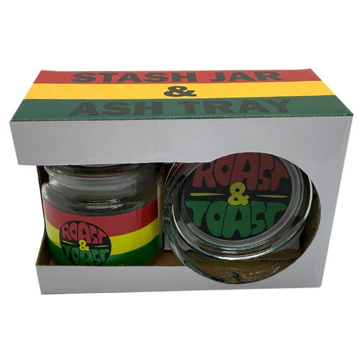 GLASS ROAST & TOAST GLASS JAR & ASH TRAY SET